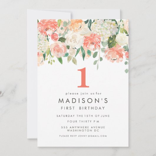 Weich gestrichene Blumenmädchen Einladung zum 1. G (Vorderseite)