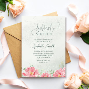 Weich grün & rosa Glitzer Blumensaft 16 Geburtstag Einladung