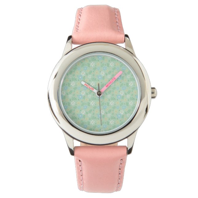 Weich grüne Blüte mit weißblauen gelben Blumen Armbanduhr (Vorderseite)