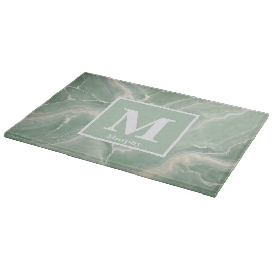 Weich grüner Marmor mit weißer Venen-Monogramm Schneidebrett (Ecke)