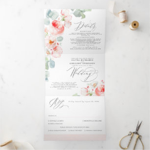 Weich hellrosa Aquarellfarben Blume Elegante Hochz Dreifach Gefaltete Einladung
