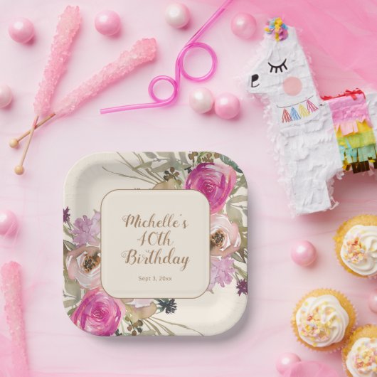 Weich Lila rosa Aquarellfarben Blüte 40. Geburtsta Pappteller (Party)