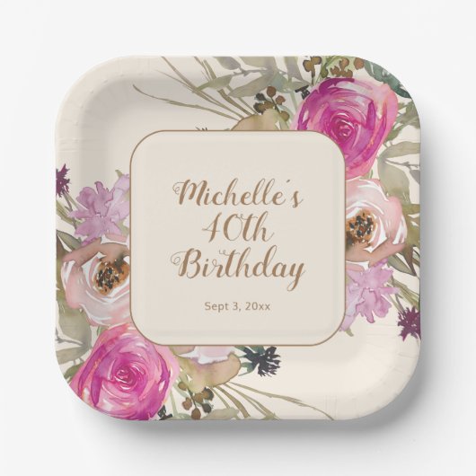 Weich Lila rosa Aquarellfarben Blüte 40. Geburtsta Pappteller (Vorderseite)