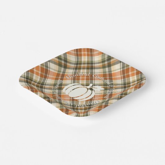 Weich Orange, Grün & Creme Kariert mit Pumpkin Pappteller (Gewinkelt)