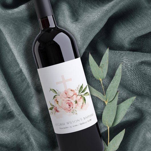 Weich Pastel Rose Blumenkreuz Taufe Weinetikett