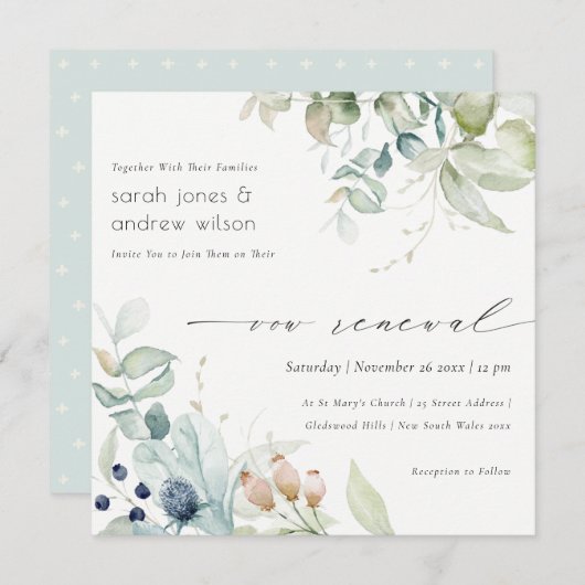 Weich Pastell Blaues Blattwerk Vow Renewal Einladu Dankeskarte (Vorne/Hinten)