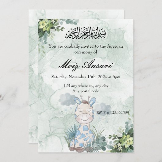 Weich pastellgrün mit Baby giraffe Aqeeqah einlade Einladung (Vorne/Hinten)