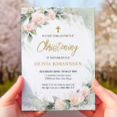 Weich rosa Aquarellfarben Blume Grün Christening Einladung