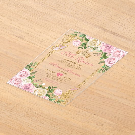 Weich rosa Birthday Gold Crown Mis Quince Acryleinladungen (Ablage )