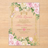 Weich rosa Birthday Gold Crown Mis Quince Acryleinladungen (Vorderseite)