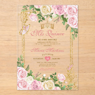 Weich rosa Birthday Gold Crown Mis Quince Acryleinladungen