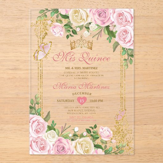 Weich rosa Birthday Gold Crown Mis Quince Acryleinladungen (Vorderseite)