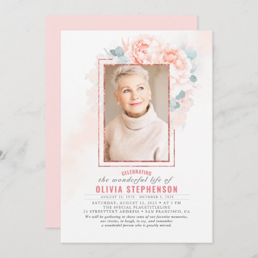 Weich rosa bläserblütige Foliage Beerdigung Foto Einladung (Vorne/Hinten)