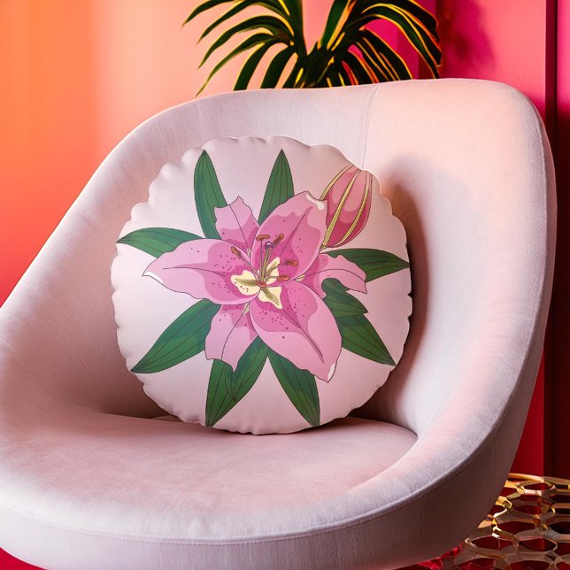 Weich rosa blühendes Lilienpilz Rundes Kissen (Soft Pink Blooming Lily Round Pillow)