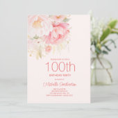 Weich rosa Blume 100. Geburtstag Einladung (Stehend Vorderseite)