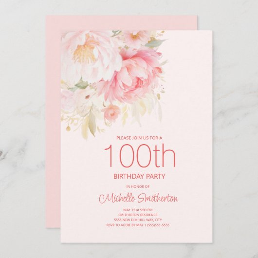 Weich rosa Blume 100. Geburtstag Einladung (Vorne/Hinten)
