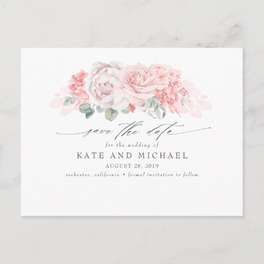 Weich rosa Blume Elegant Save the Date Postkarte (Vorderseite)