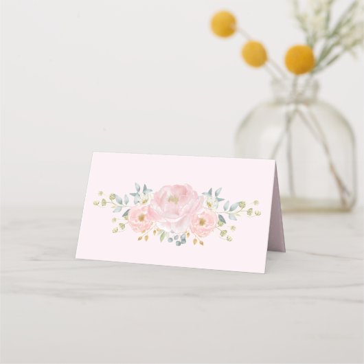 Weich rosa Blumengrün mit Blumenmotiven Platzkarte (Rückseite)