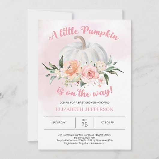Weich rosa Blüte ein kleines Kürbis Babydusche Einladung (Vorderseite)