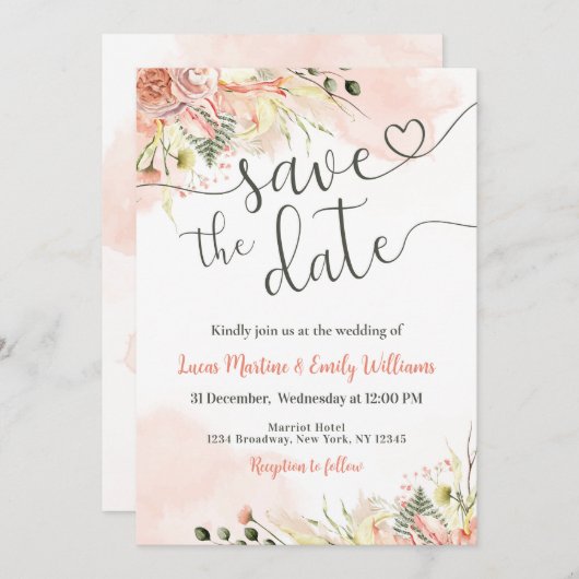 Weich rosa Blütenblume Hochzeit Speichern Sie die Einladung (Vorne/Hinten)