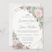 Weich-rosa-braune Sage Green-Floral-Gold-Hochzeit Einladung (Vorderseite)
