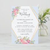 Weich rosa Floral Gold Rahmen Wasserfarbe Hochzeit Einladung (Stehend Vorderseite)