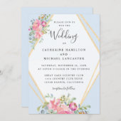 Weich rosa Floral Gold Rahmen Wasserfarbe Hochzeit Einladung (Vorne/Hinten)