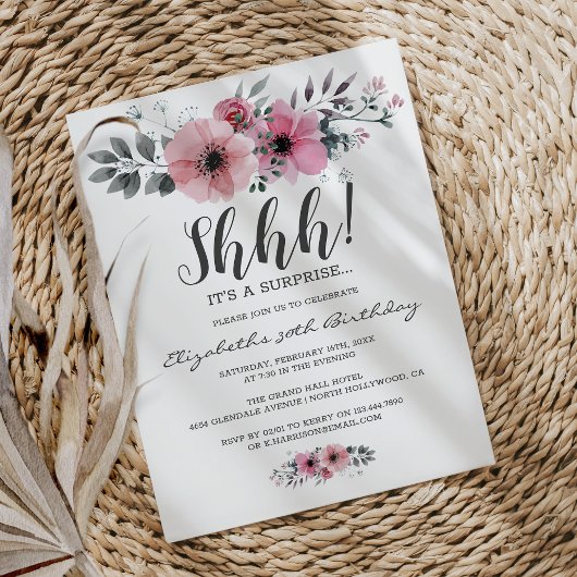 Weich rosa Floral Wasserfarbe Shhh Überraschung Ge Einladung