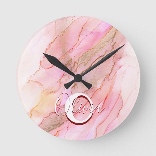 Weich rosa Flüssigkeit Alkoholtinte Runde Wanduhr (Vorderseite)