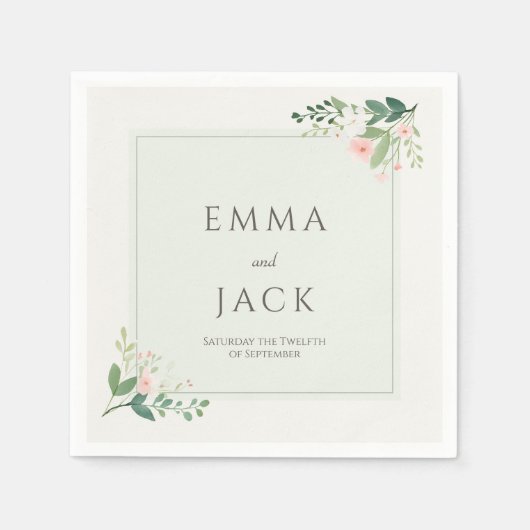 Weich rosa grüne Namen und Datum der Hochzeit Serviette (Vorderseite)