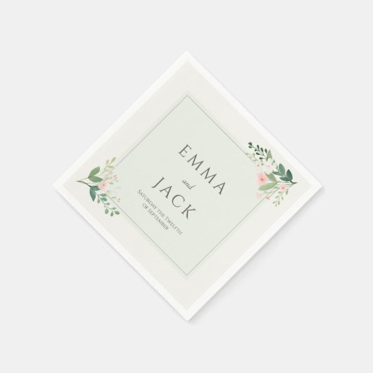 Weich rosa grüne Namen und Datum der Hochzeit Serviette (Ecke)