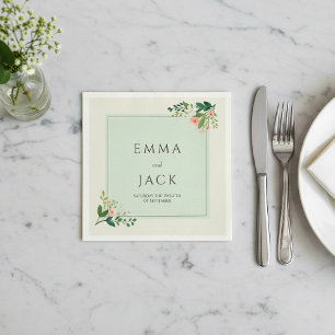 Weich rosa grüne Namen und Datum der Hochzeit Serviette