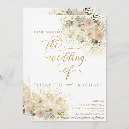 Weich rosa romantische Goldkalligraphie Einladung (Vorne/Hinten)