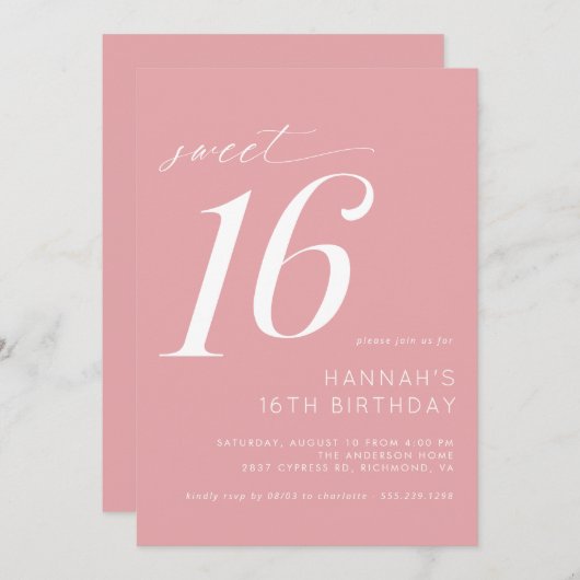 Weich rosa Rosa Blush | Girly Simple Sweet 16 Gebu Einladung (Vorne/Hinten)