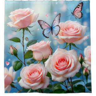 Weich rosa Rose Blume Blauer Schmetterling Duschvorhang