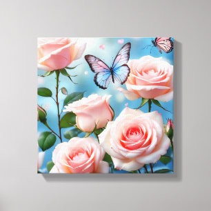 Weich rosa Rose Blume Blauer Schmetterling Leinwanddruck