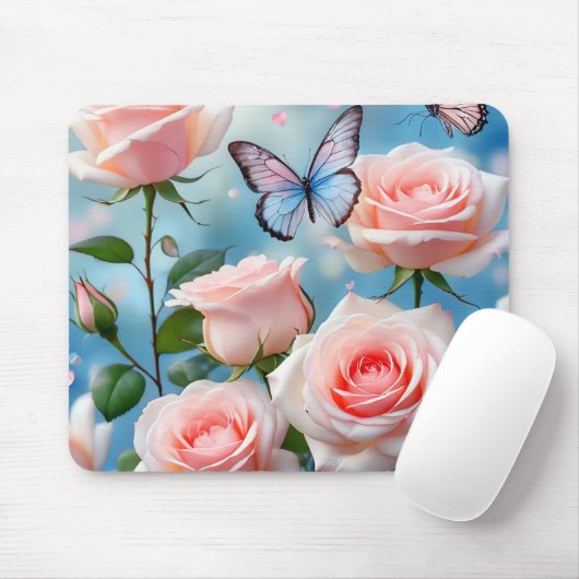 Weich rosa Rose Blume Blauer Schmetterling Mousepad (Mit Mouse)