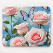 Weich rosa Rose Blume Blauer Schmetterling Mousepad (Vorne)