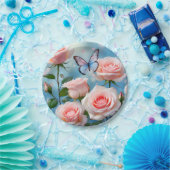 Weich rosa Rose Blume Blauer Schmetterling Pappteller (Party)