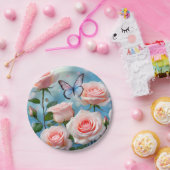 Weich rosa Rose Blume Blauer Schmetterling Pappteller (Party)