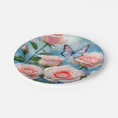 Weich rosa Rose Blume Blauer Schmetterling Pappteller (Schrägansicht)