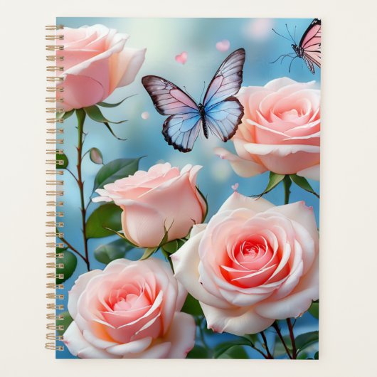 Weich rosa Rose Blume Blauer Schmetterling Planer (Vorderseite)