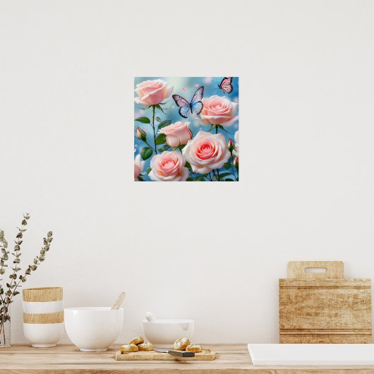 Weich rosa Rose Blume Blauer Schmetterling Poster (Küche)