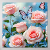 Weich rosa Rose Blume Blauer Schmetterling Poster (Vorne)