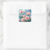 Weich rosa Rose Blume Blauer Schmetterling Quadratischer Aufkleber (Tasche)