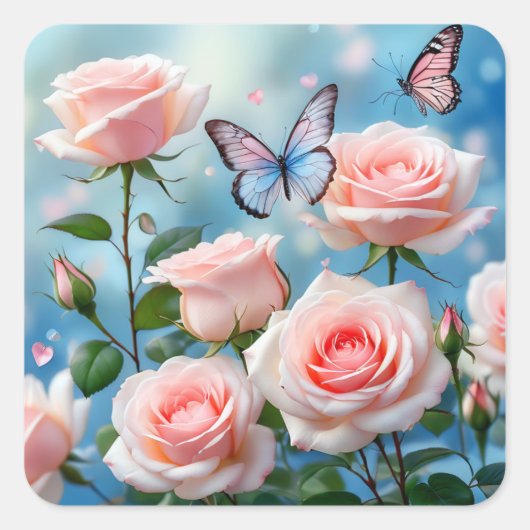 Weich rosa Rose Blume Blauer Schmetterling Quadratischer Aufkleber (Vorderseite)