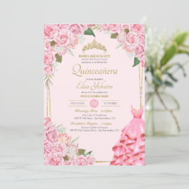 Weich rosa Rosen Blush und Gold Floral Quinceñera Einladung