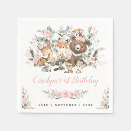 Weich rosa Rosen Waldtiere Mädchen 1. Geburtstag Serviette