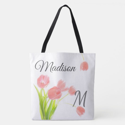 Weich rosa Tulips Trendy Anfangsname Monogramm Tasche (Vorderseite)