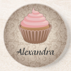 Weich rosa und braun, Cupcake, Personalisiert Sandstein Untersetzer